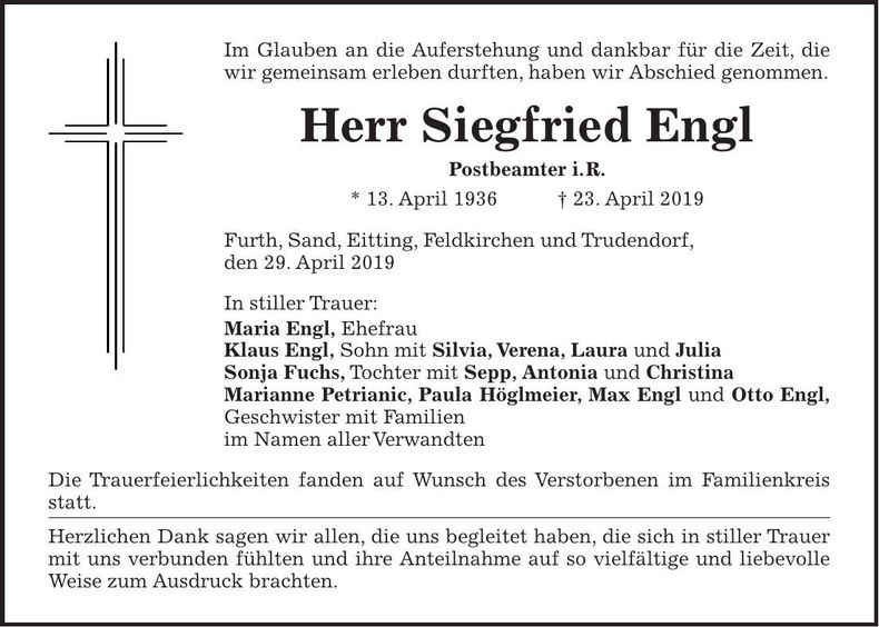 Traueranzeige Siegfried Engl