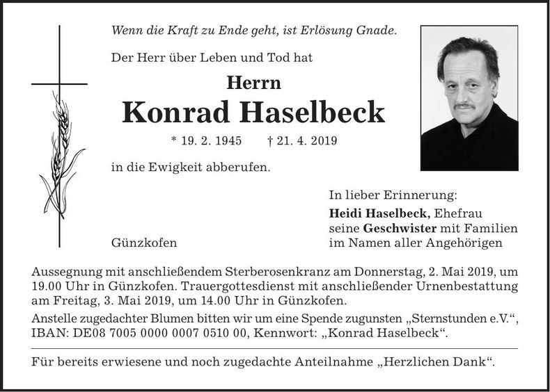 Traueranzeige Konrad Haselbeck