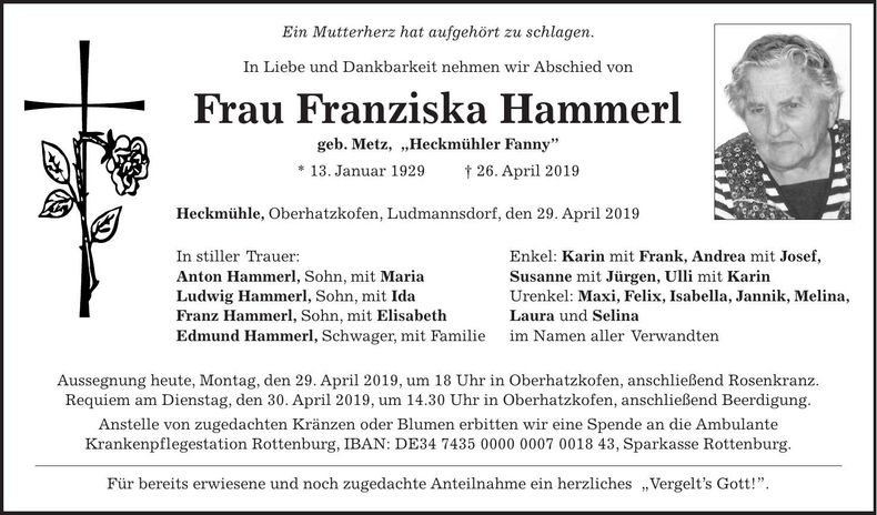 Traueranzeige Franziska Hammerl