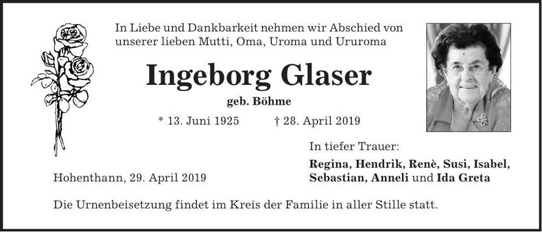 Traueranzeige Ingeborg Glaser