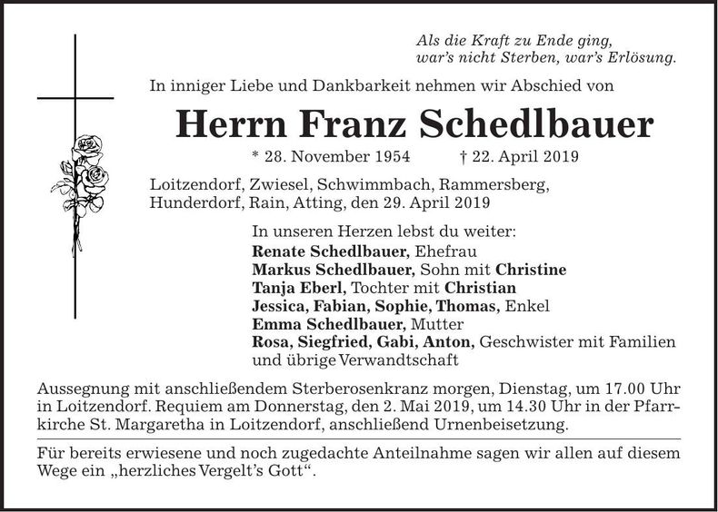 Traueranzeige Franz Schedlbauer