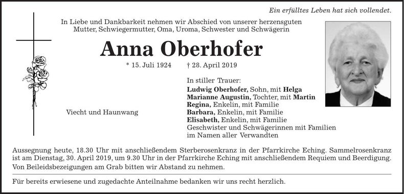 Traueranzeige Anna Oberhofer