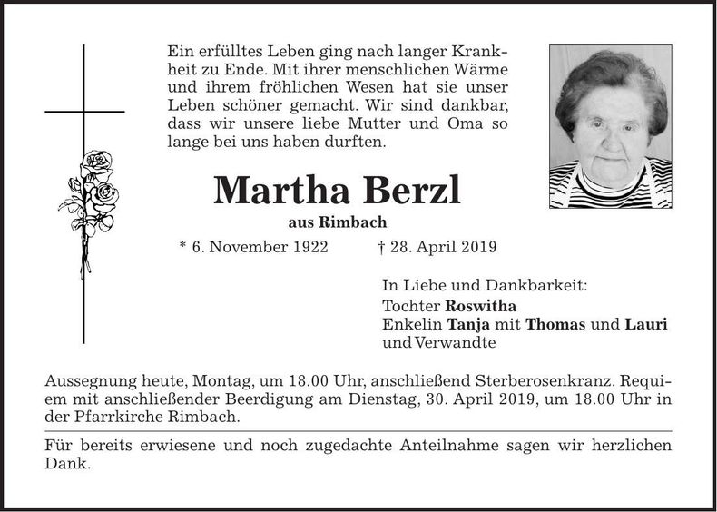 Traueranzeige Martha Berzl