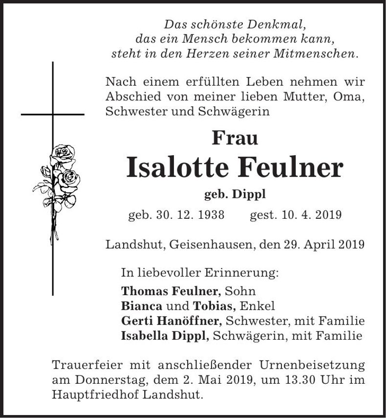 Traueranzeige Isalotte Feulner