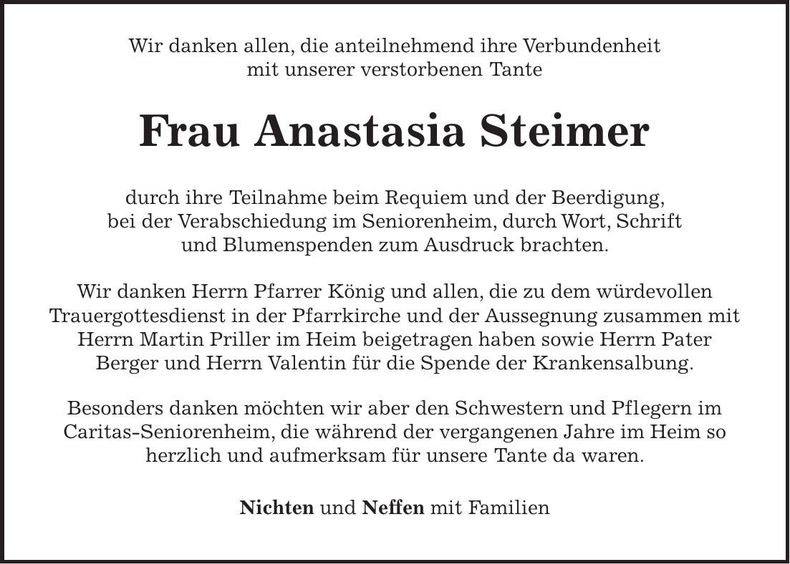 Traueranzeige Anastasia Steimer
