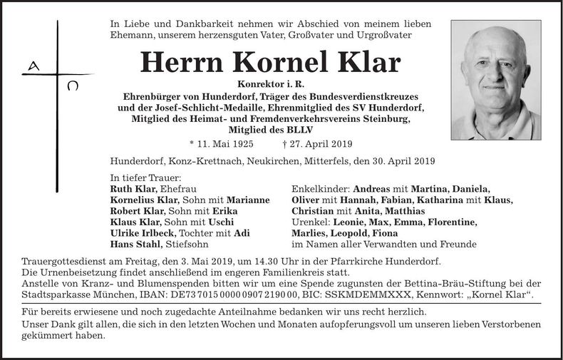 Traueranzeige Kornel Klar