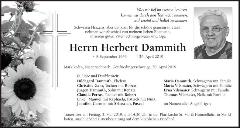 Traueranzeige Herbert Dammith