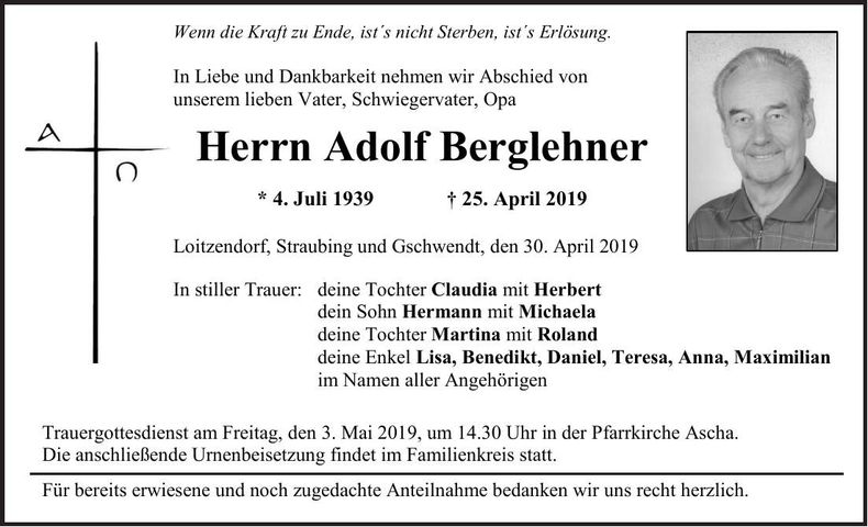 Traueranzeige Adolf Berglehner