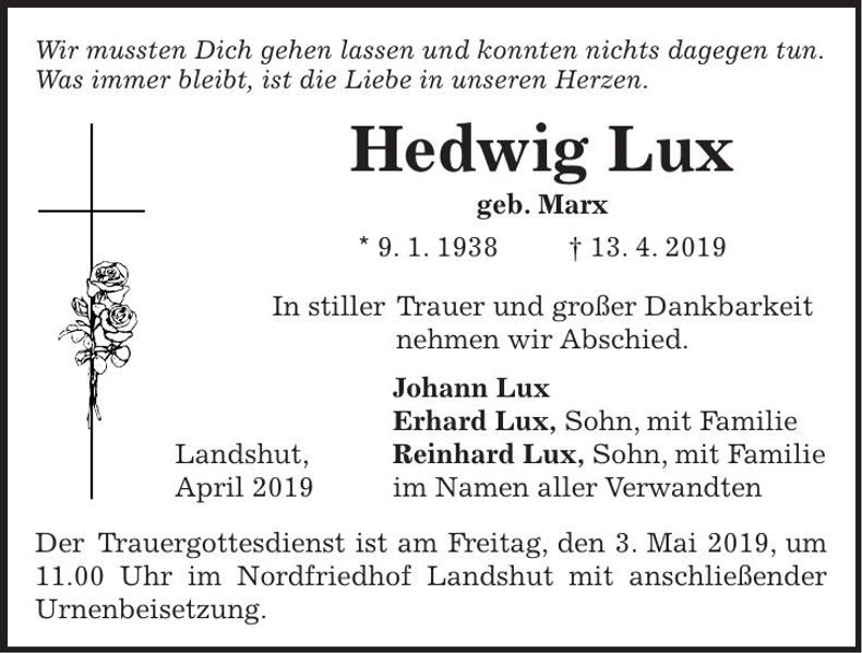 Traueranzeige Hedwig Lux