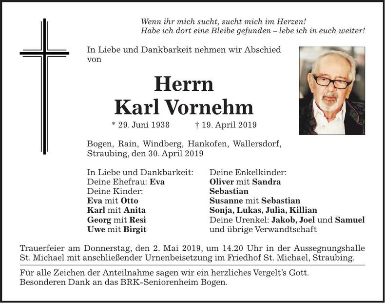 Traueranzeige Karl Vornehm