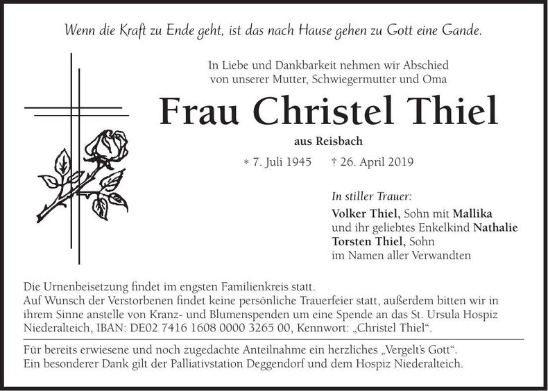 Traueranzeige Christel Thiel