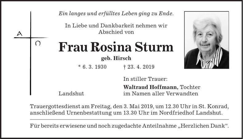 Traueranzeige Rosina Sturm
