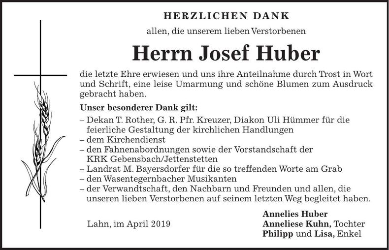 Traueranzeige Josef Huber
