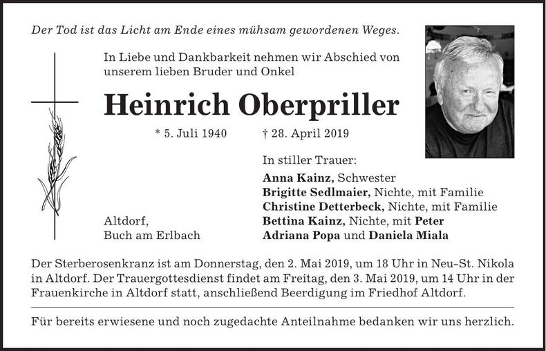 Traueranzeige Heinrich Oberpriller