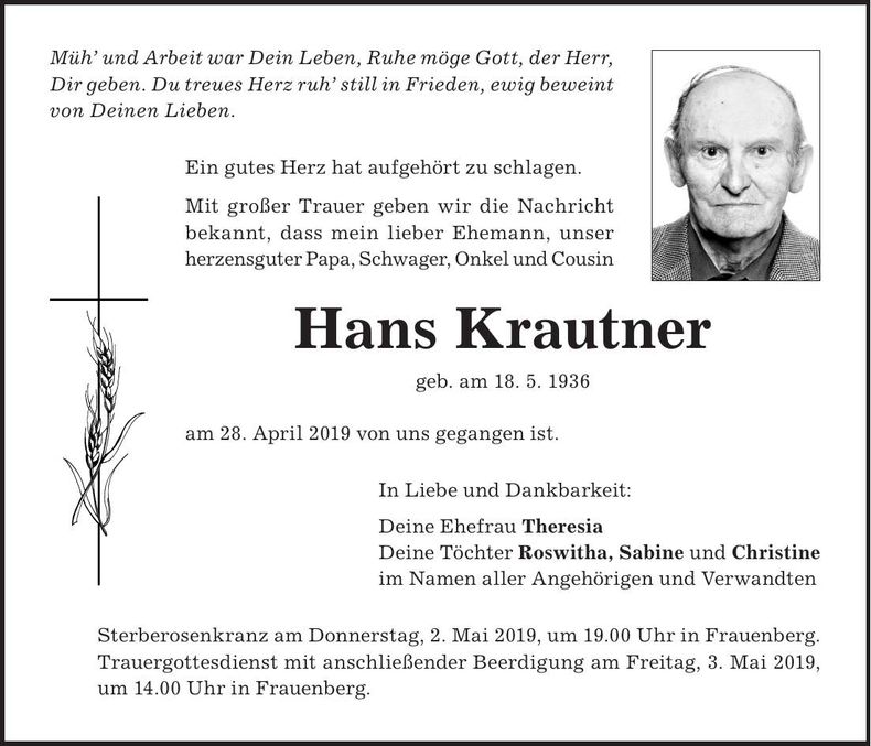 Traueranzeige Hans Krautner