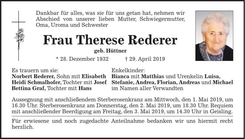 Traueranzeige Therese Rederer