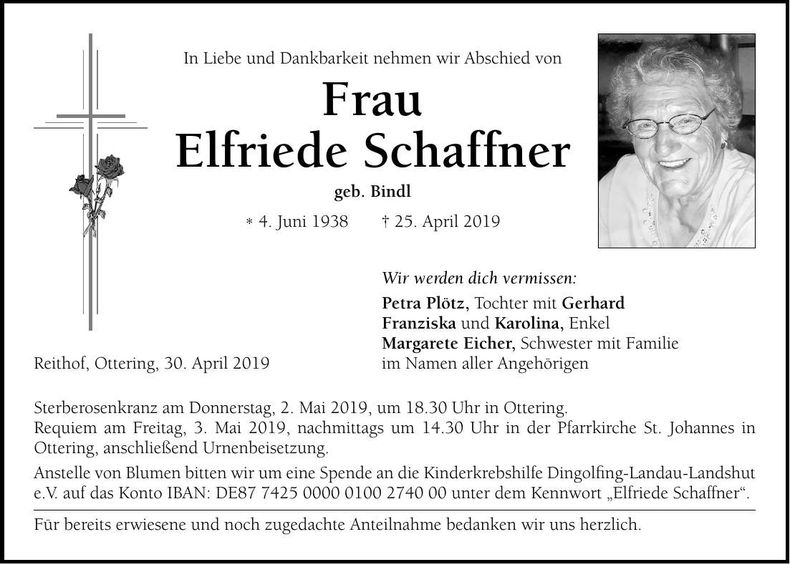 Traueranzeige Elfriede Schaffner