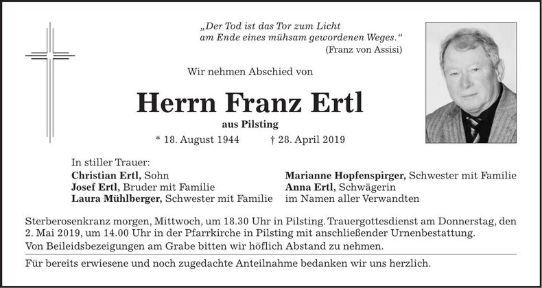 Traueranzeige Franz Ertl