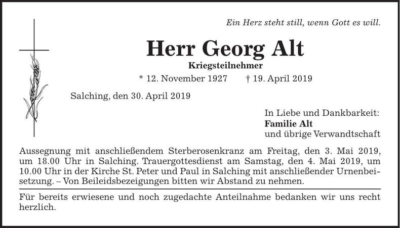 Traueranzeige Georg Alt