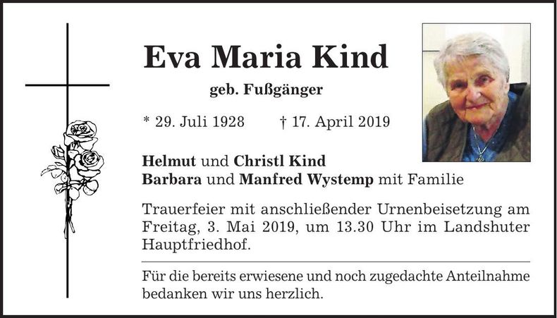 Traueranzeige Eva Maria Kind