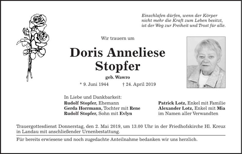 Traueranzeige Doris Anneliese Stopfer