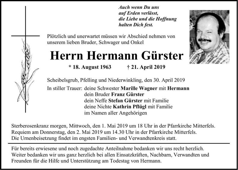 Traueranzeige Hermann Gürster
