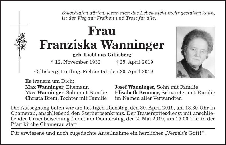 Traueranzeige Franziska Wanninger