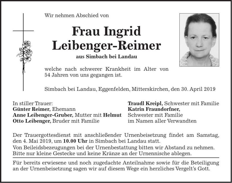 Traueranzeige Ingrid Leibenger-Reimer