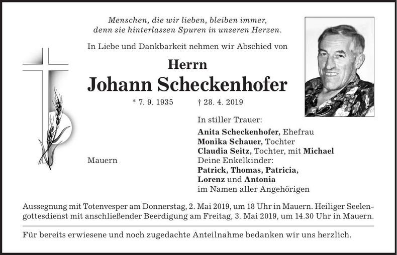 Traueranzeige Johann Scheckenhofer