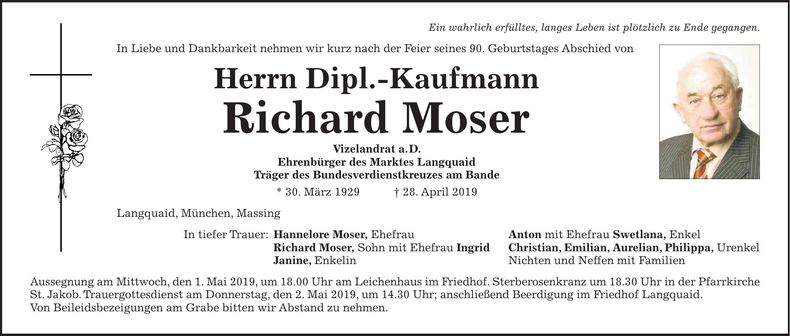 Traueranzeige Richard Moser