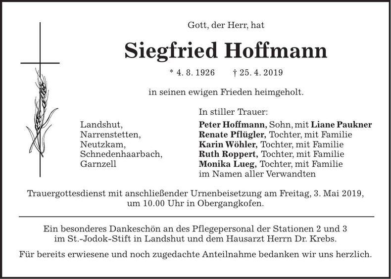 Traueranzeige Siegfried Hoffmann