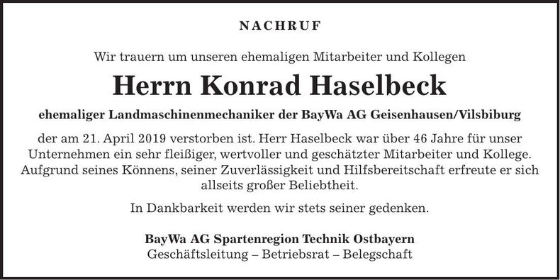 Traueranzeige Konrad Haselbeck