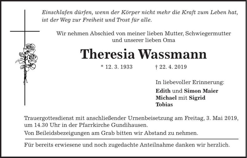 Traueranzeige Theresia Wassmann