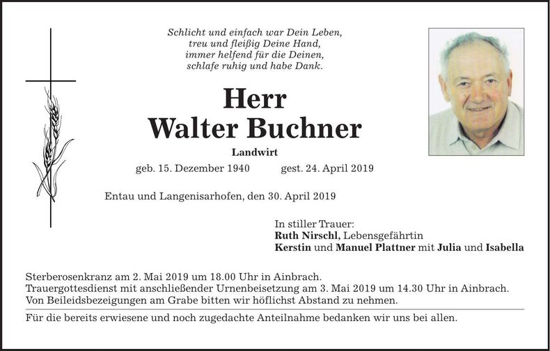 Traueranzeige Walter Buchner
