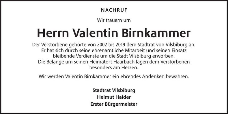 Traueranzeige Valentin Birnkammer