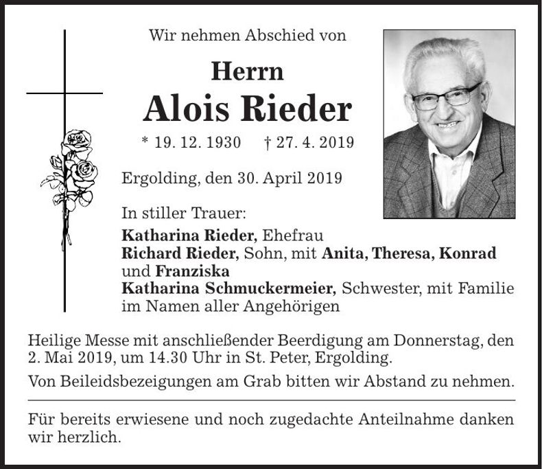 Traueranzeige Alois Rieder