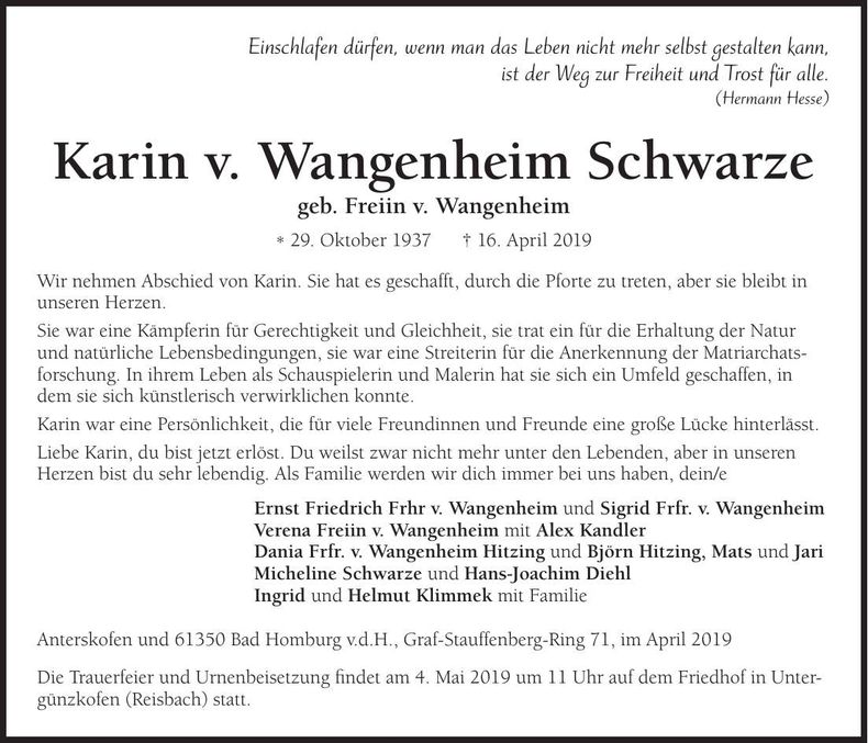 Traueranzeige Karin v. Wangenheim Schwarze