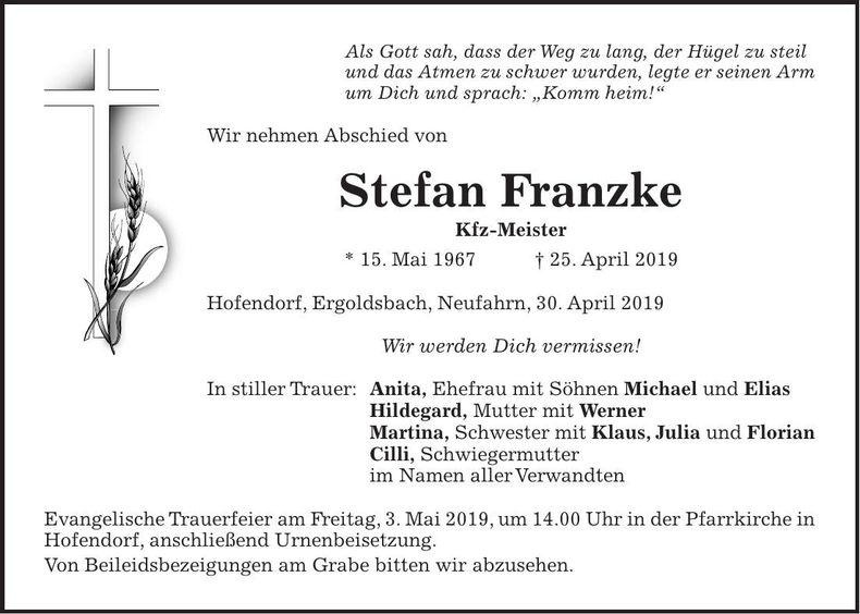 Traueranzeige Stefan Franzke