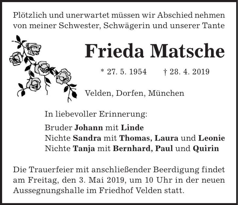 Traueranzeige Frieda Matsche