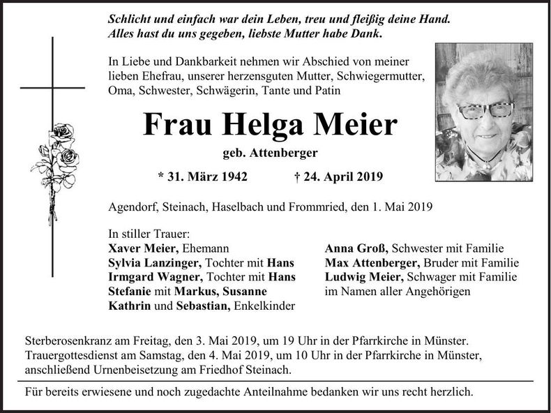 Traueranzeige Helga Meier