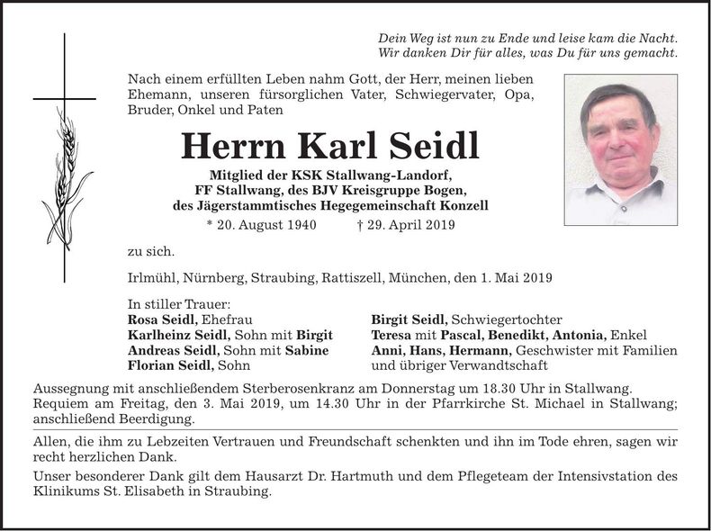 Traueranzeige Karl Seidl