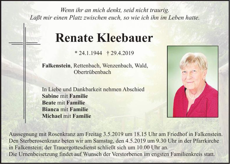 Traueranzeige Renate Kleebauer