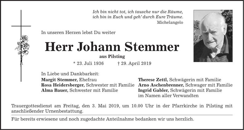 Traueranzeige Johann Stemmer