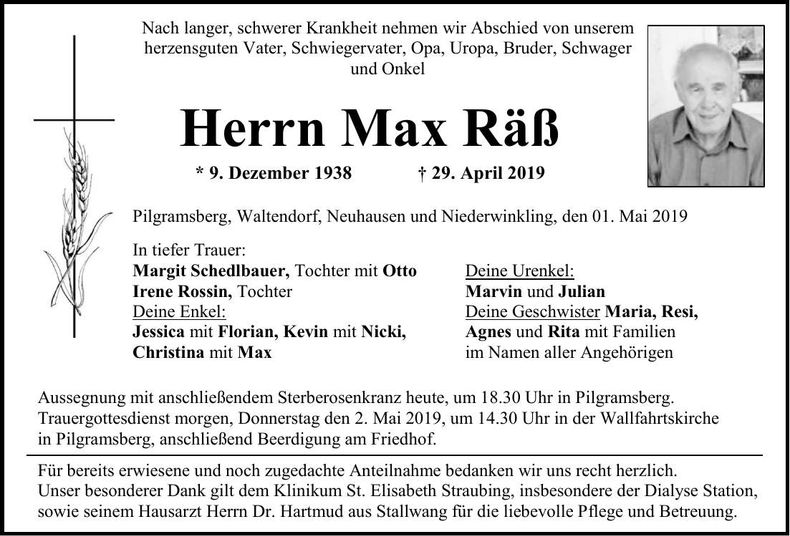 Traueranzeige Max Räß