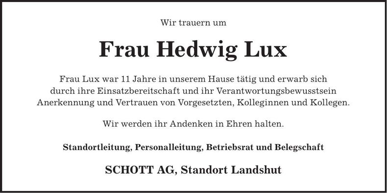 Traueranzeige Hedwig Lux