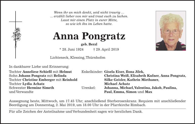 Traueranzeige Anna Pongratz