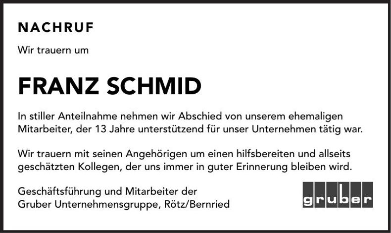 Traueranzeige Franz Schmid