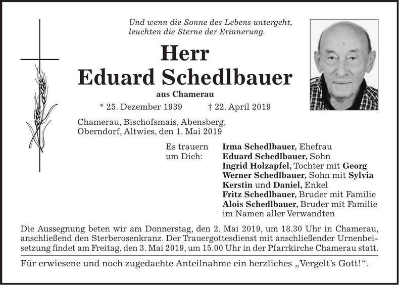 Traueranzeige Eduard Schedlbauer