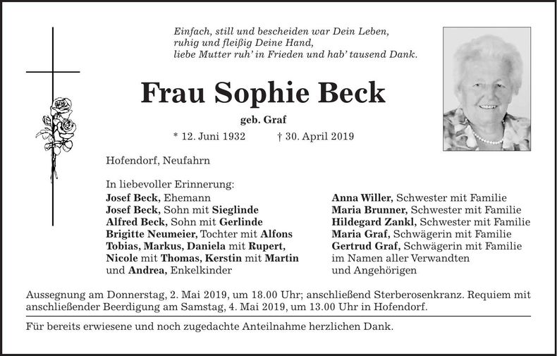 Traueranzeige Sophie Beck