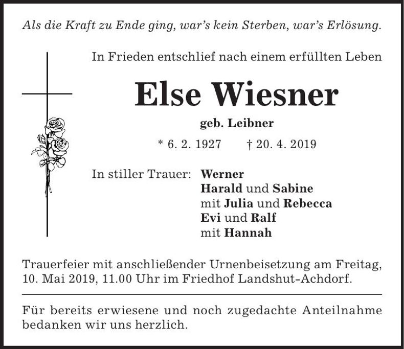 Traueranzeige Else Wiesner